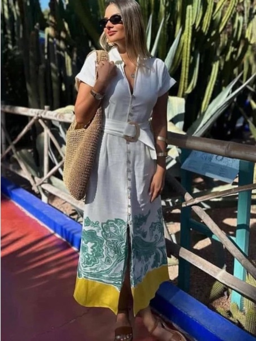 Zara Cream Midi Dress with Green Print and Yellow Hem